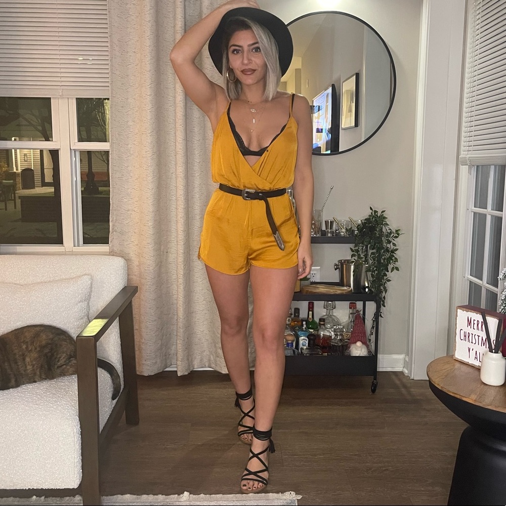 NEVER WORN, Kendal & Kylie Golden Satin Romper with Lace Detail, Size XS